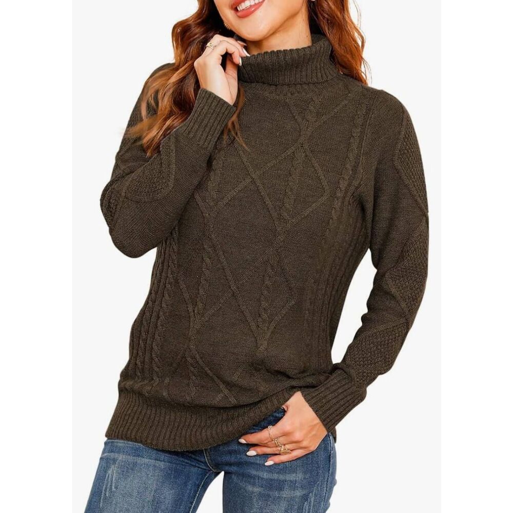 HWOKEFEIYU Women's Turtleneck Cable Knit Long Sleeve Pullover Sweater Dark Khaki